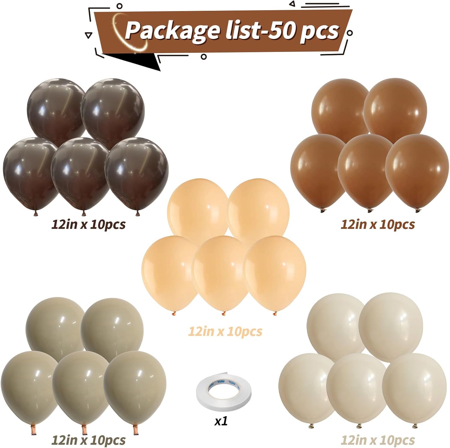 Brown Balloons, 50 PCS 12 Inch Double Stuffed Dark Brown Coffee Tan Latex Helium Party Balloons Sand White Nude  Neutral Balloon for Bear Birthday Baby Shower Wedding Thanksgiving Party Decorati