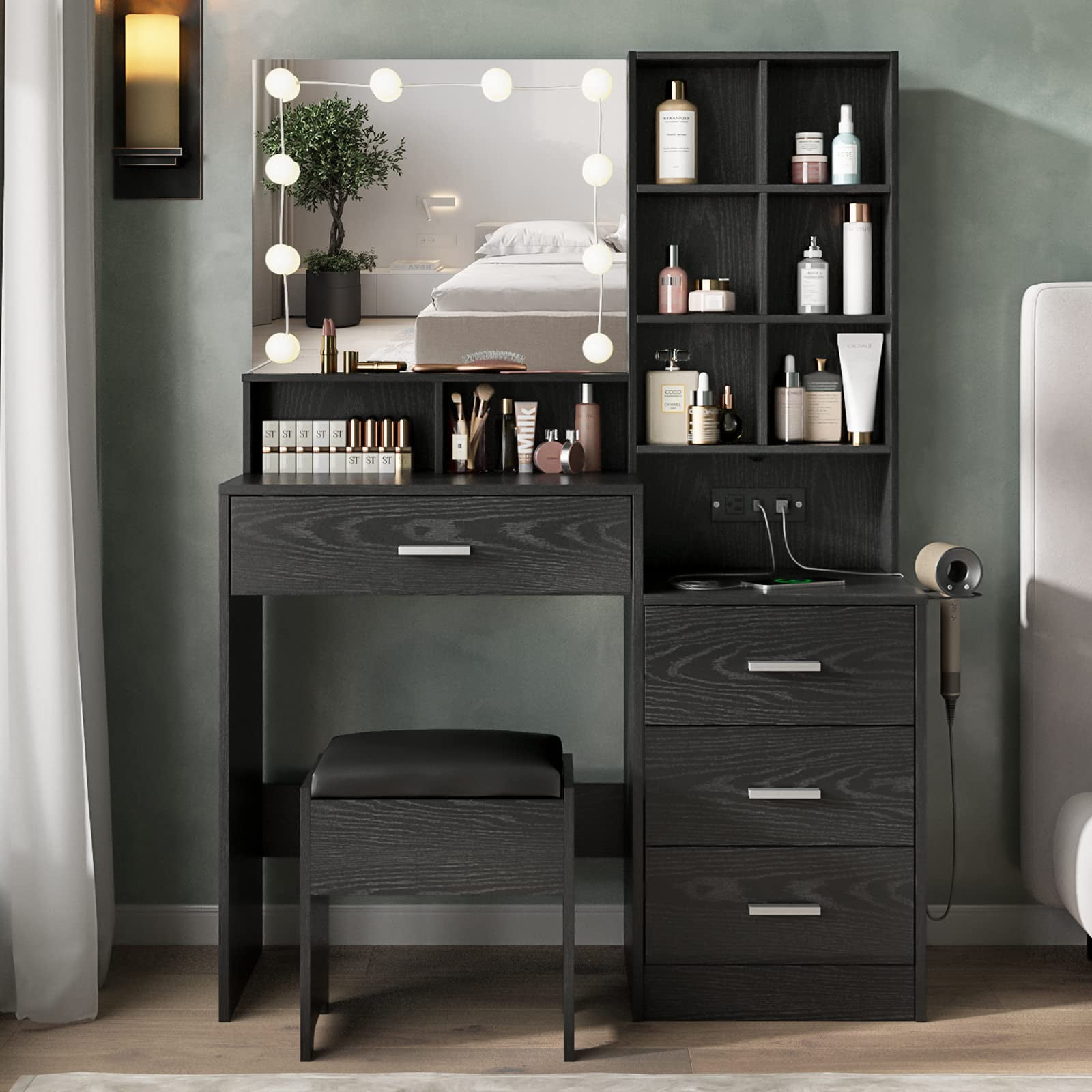 Veanerwood Modern Vanity Desk with Mirror and Lights, Makeup Vanity