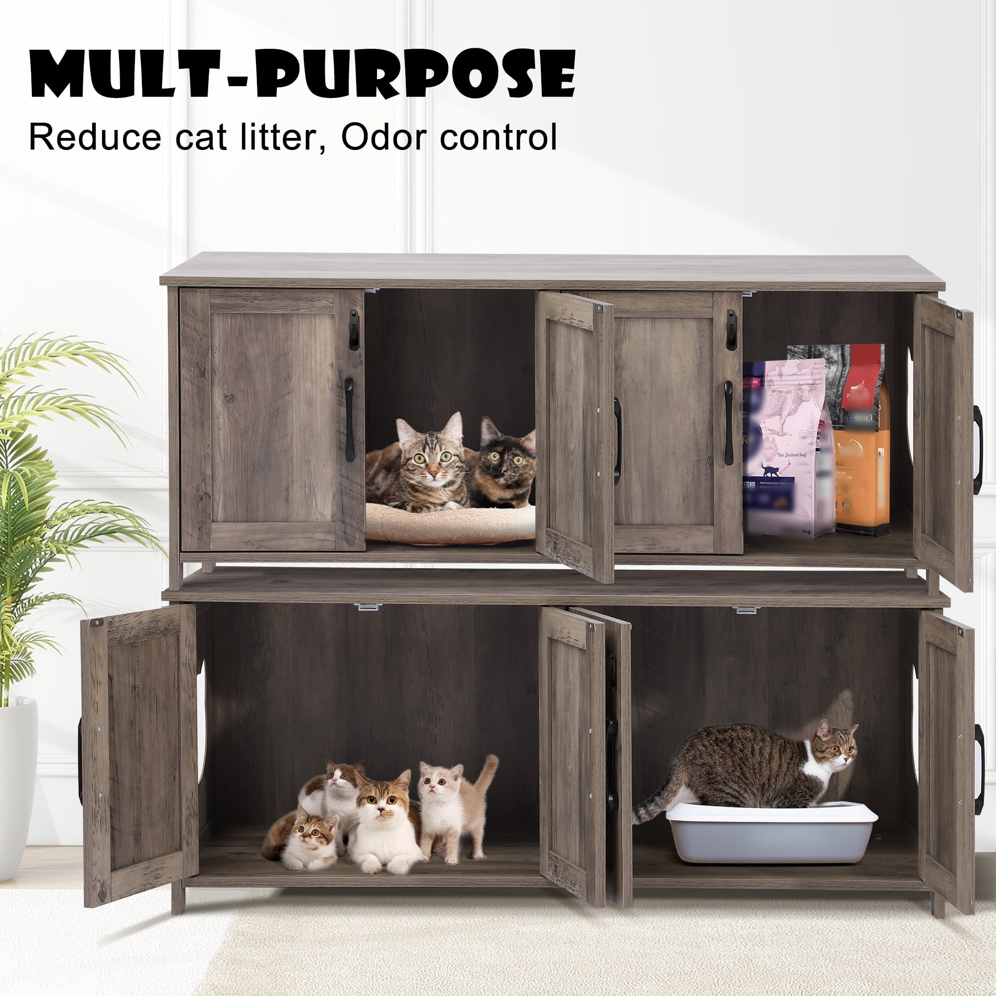 Haverchair Cat Litter Box Enclosure for 2 Cats - Litter Box Furniture Hidden with Lockable Door,Wooden Cat Washroom Furniture with Double Room,Cat House,Hideaway Litter Box,Greige