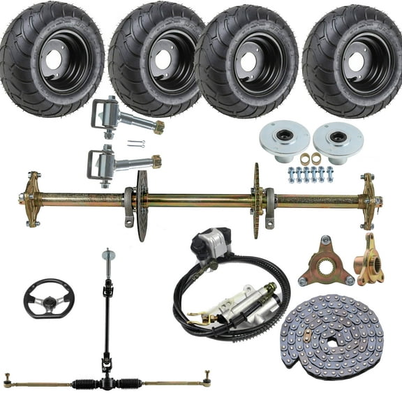 32" Rear Live Axle Complete Kit Go Kart Axle 32 inch with Pillow Block   Sprocket   Brake Disc   3 Bolt Hub   6" Wheels Tires   Steering DIY Kit for ATV Quad Go Kart Golf Cart