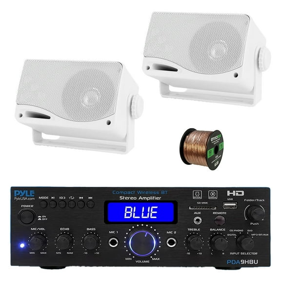 Pyle PDA9HBU 2-Channel Home Theater Bluetooth HiFI Audio Optical/HDMI/USB/SD FM Radio Receiver, 2x 3.5" 200 Watt 3-Way Indoor/Outdoor Wall Mount Audio Speakers (White), 50 ft 16 Gauge Speaker Wire