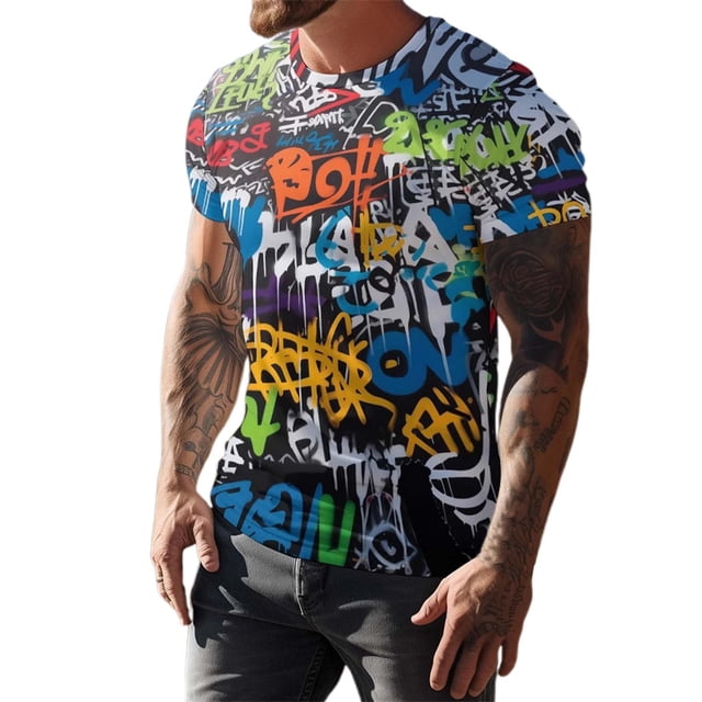 playeras hombre cuello v camiseta con estampado de manga corta hipster hop para hombre Multicolor WILLBEST: torso masculino en 3/4 con camiseta multicolor de grafiti sobre base negra, ajuste aparente de manga corta y dobladillo recto, tejido liso visible; sin fondo contextual; también adecuada como camiseta casual o para entrenamiento ligero.