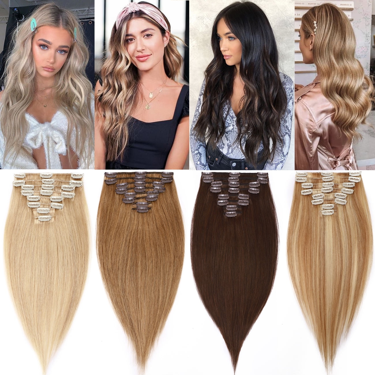 SEGO Red Clip in Hair Extensions Human Hair Full Head 100% Real Remy Thick Hair  Extensions Silky Straight Balayage Blonde Hair Pieces 