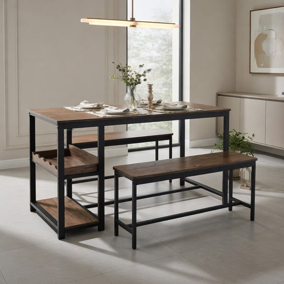 Kadyn Dining Room Table Chair Set,Kitchen Table Set, Dining Room Set,3 Pieces Dining Table Set for 4 with Wine Rack-Brown