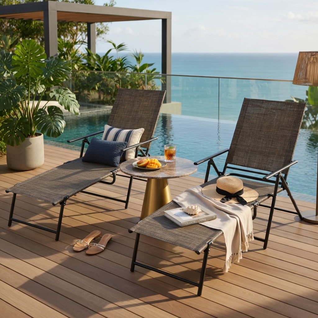 Hommoo 2-Pack Foldable Patio Chaise Lounge Chairs with 6-Position Reclining Backrest, Outdoor Loungers for Poolside, Backyard & Balcony, Gray