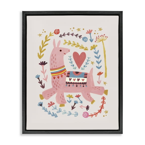 Stupell Industries Pink Llama with Florals Animals Painting Black Floater Framed Canvas Art Print Wall Art, 17 x 21