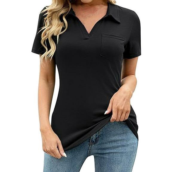 Tiqkatyck Womens Tops Clearance, Women's Shirts Collared Work Tops Short Sleeve Business Casual Dressy Blouses Summer Tops With Pocket Summer Tops Golf Polo Shirts for Women Black L