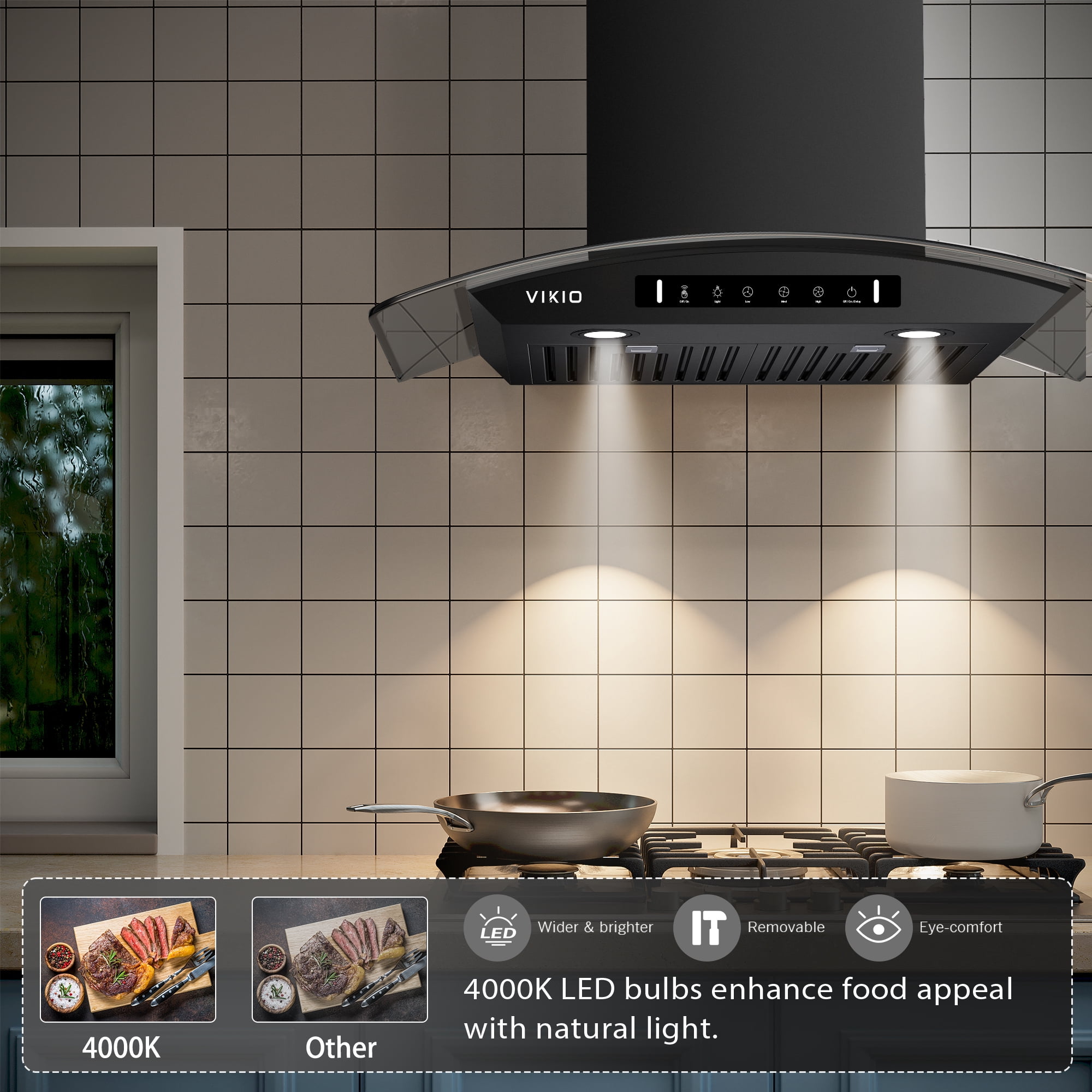 VIKIO 30 inch Wall Mount Range Hood, Stainless Steel and Glass, 800 CFM, 3-Speed, Ducted, Gesture Sensing Control&Touch Pad, Black