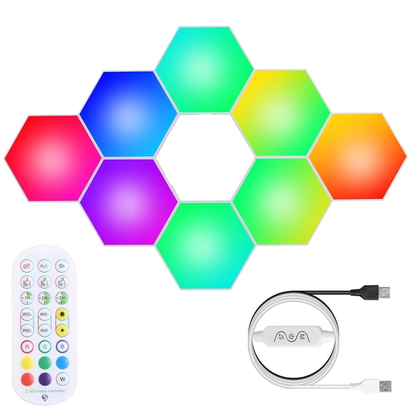8 Pcs Hexagon RGBW Light Panels – Colorful Wall Lamps with App Control, Remote, Line Control, Timer, Music Sync, and Gaming Mode