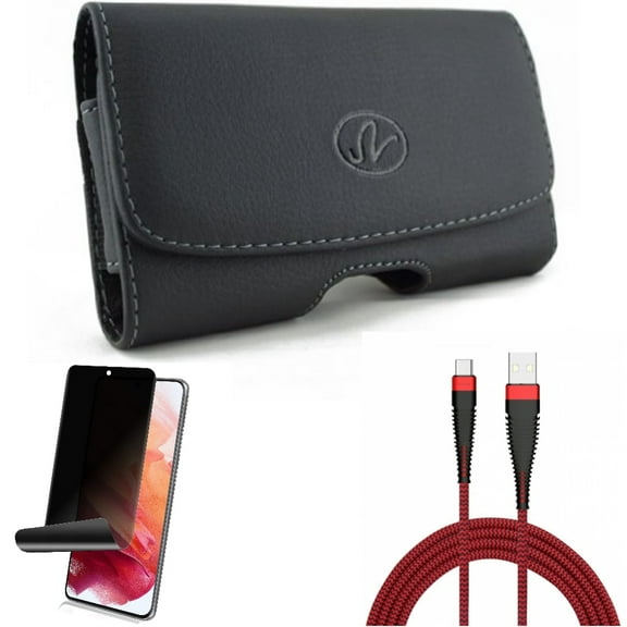 Case Belt Clip w Privacy Screen Protector w 10ft USB Cable for Samsung Galaxy S21 Plus - Leather Swivel, TPU Film Fingerprint Works, Type-C Charger Cord Accessory Bundle