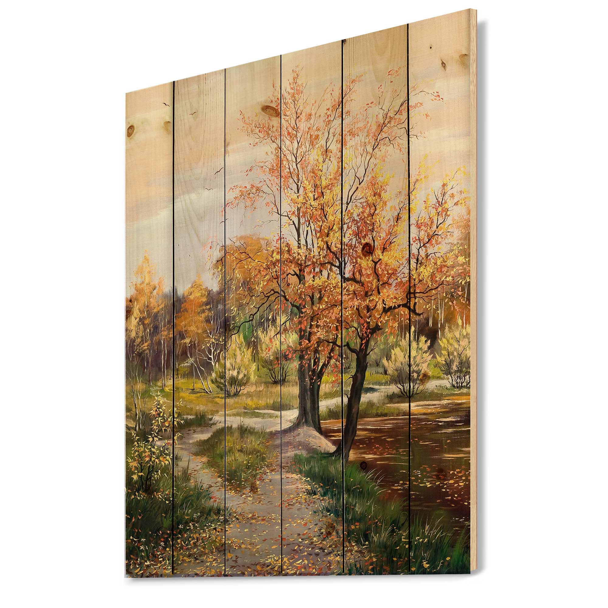 Designart 'The Orange Woods Along River' Country Print on Natural Pine Wood