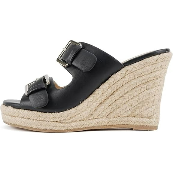 Soda Nakia Women Open Round Toe Double Strap Wedge Sandal With Buckle Closures