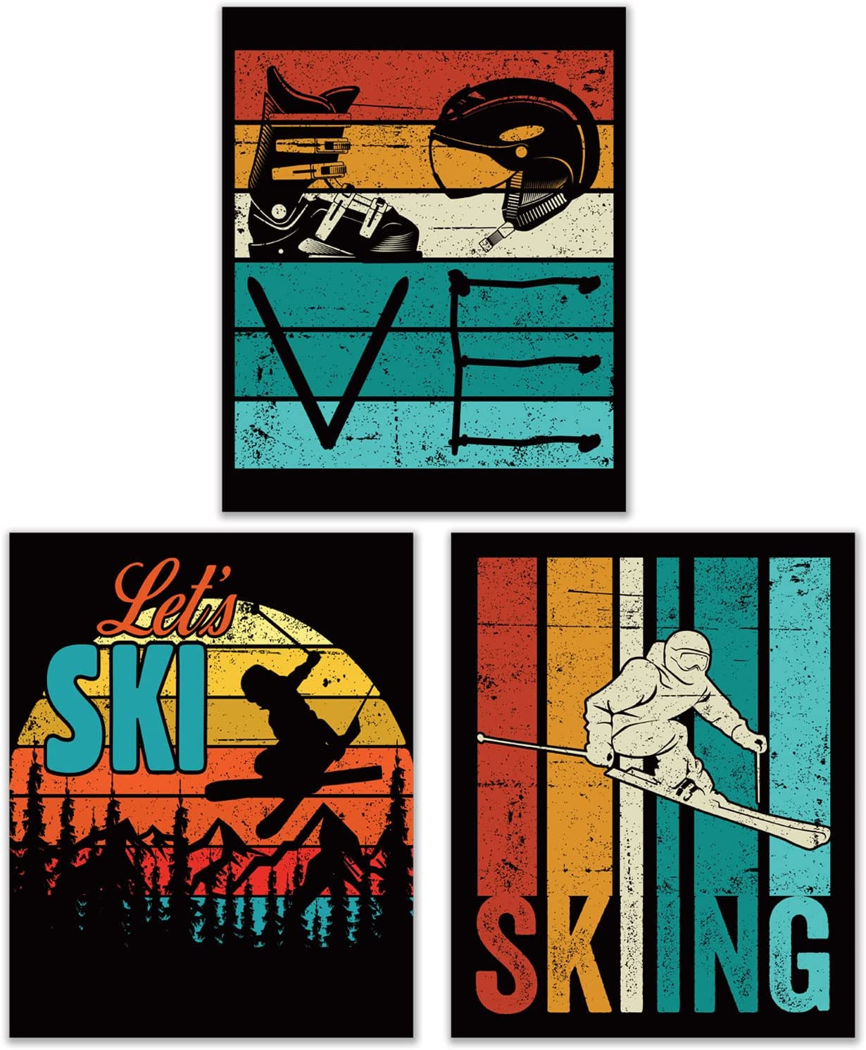 Skiing Wall Art Prints Silhouette Set of 4 (8x10) Ski Poster Photos