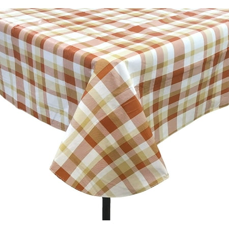 

Thanksgiving Fall Flannel Back Vinyl Tablecloth: Burnt Orange Tan Beige White Tartan Plaid 60