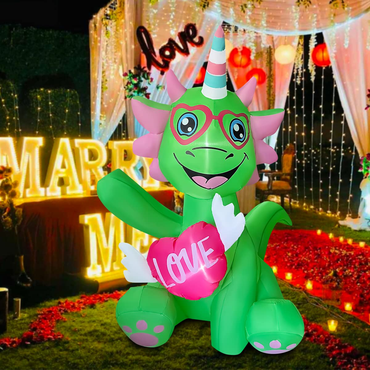 BESTPARTY 5 FT Valentine Inflatable Dragon Holding Flying Heart Decor