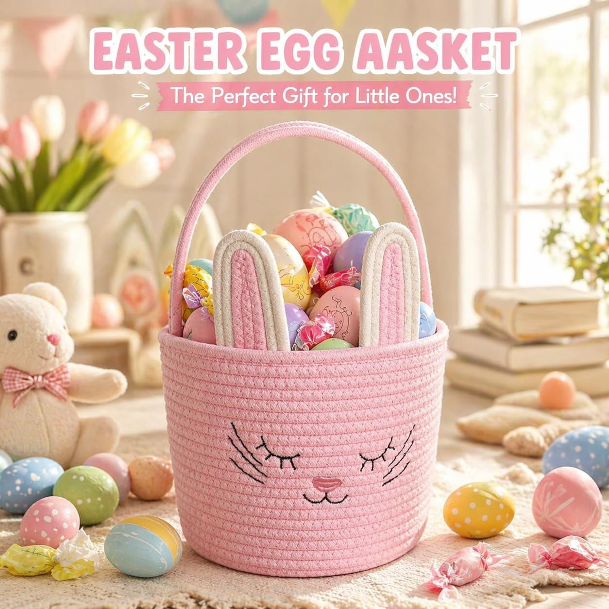 Easter Basket Bunny Design, Gift Basket with Handle, Cute Storage Basket for Eggs Candy Toys, Decorative Organizer for Party Holiday Gifts
