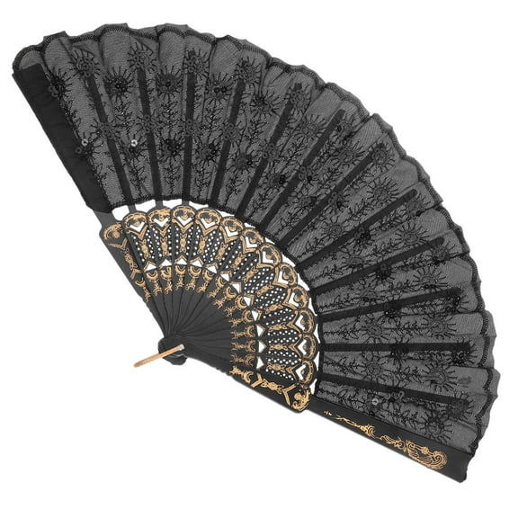 Amosfun shirt fan flapper Folding Fan Black Sequins Dance Show For Cultural Celebrations 1Set