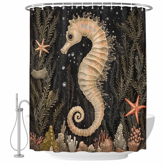Coastal Vintage Seahorse Shower Curtain Set - Standard 72" x 72" Washable Bathtub Curtain with 12 Hooks, Summer Ocean Starfish Coral Waterproof Fabric Stall Shower Curtains for Bathroom Décor