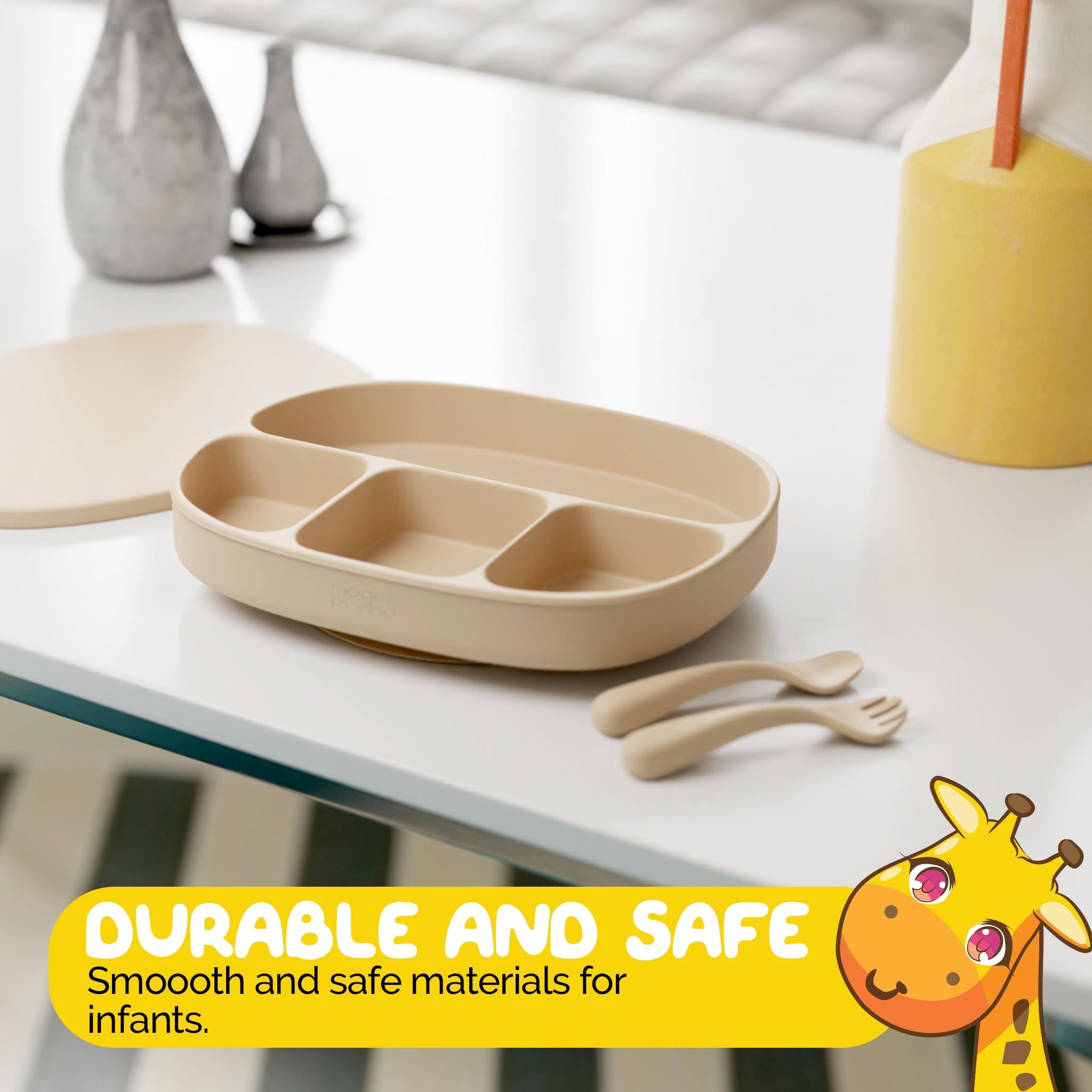 Infant Feeding Set by Muqee Peeko in Beige Color by Muqee Peeko with Plates with Suction and Utensils - (3 Piece Set)