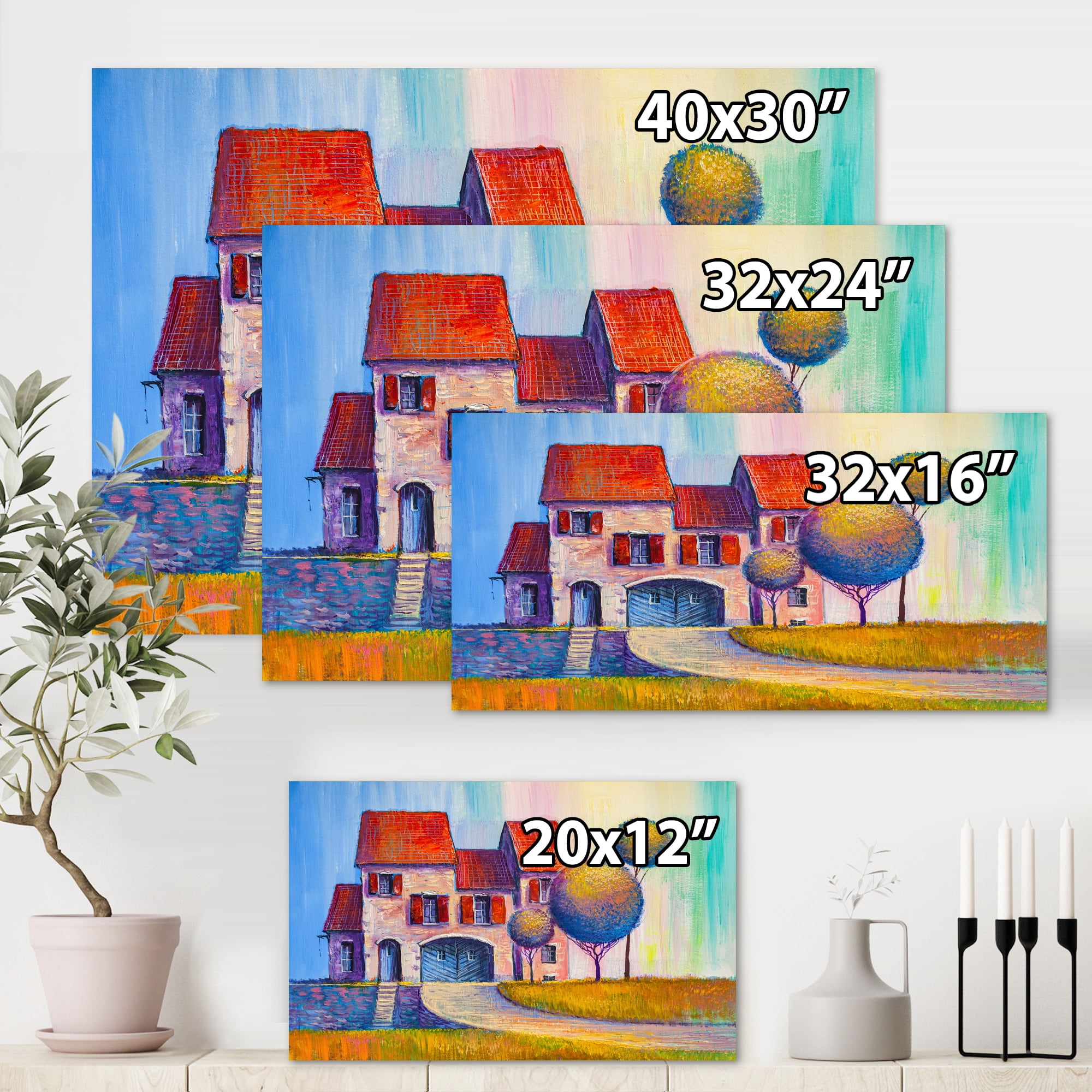 A Red Roof House With In The Village 12 in x 8 in Painting Canvas Art Print, by Designart