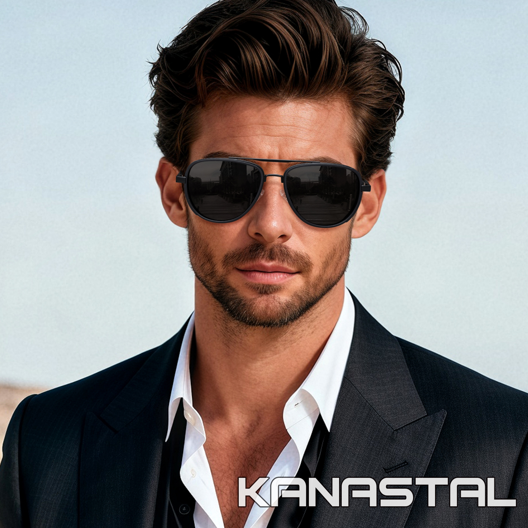 Kanastal Polarized Double Bridge Aviator Sunglasses, Black photo 3