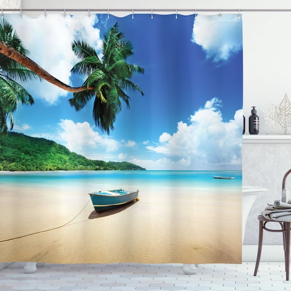 Ambesonne Ocean Shower Curtain, Boat on Beach Mahe Island, 69"Wx70"L, Blue Green Sand Brown