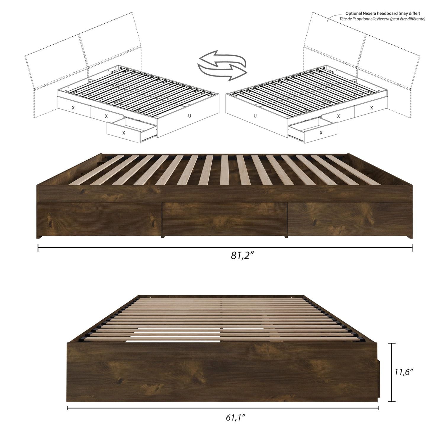 Nexera Nocce 3 Drawer Storage Bed, Truffle