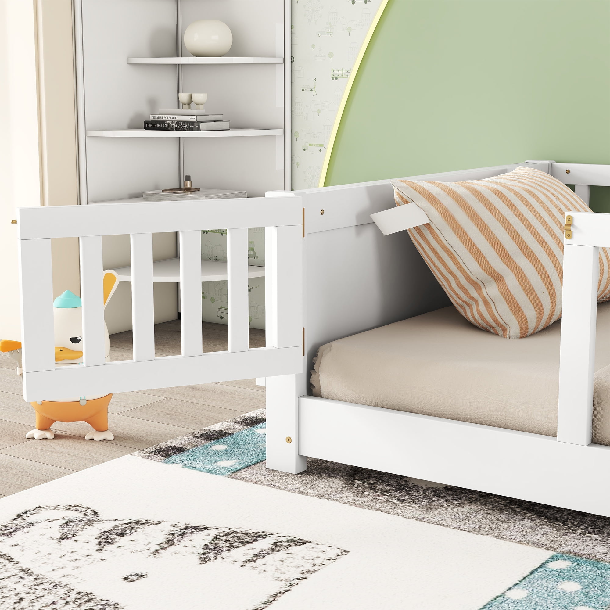 Alvantor Montessori Floor Bed Twin Size with Door and Fence for Kids, Toddler Wooden Platform Bed White