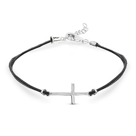 Sterling Silver Cross Bracelet - Sterling Silver Sideways Cross Black Leather Bracelet