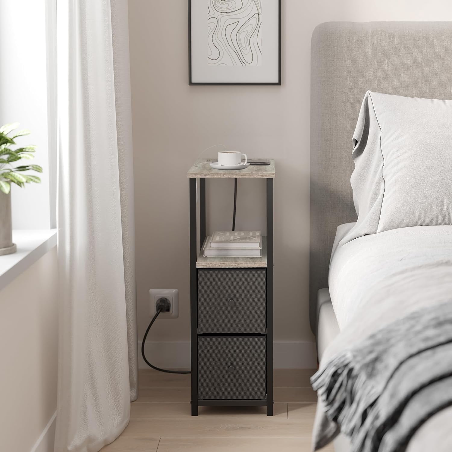 Small Narrow LED End Table with Charging Station, Side Table Outlets, Nightstand with 2 Cloth Drawers, Set of 2, Couch Table, for Living Room, Bedroom, Bedside, Greige