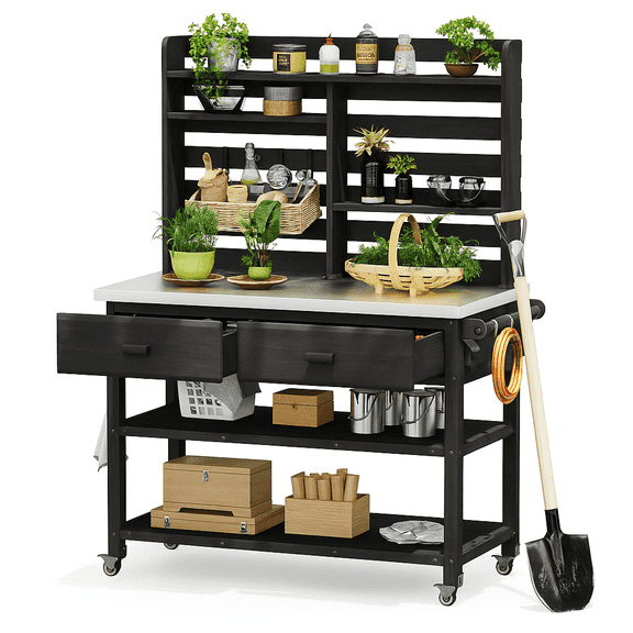 K&K 64.9"H Outdoor Potting Bench Table with Lockable Wheels, Solid Wood Outdoor Kitchen Island with Upper Hutch, Stainless Steel Top, Towel Rack ,Outdoor Storage for Grilling, Lawn Garden -Black