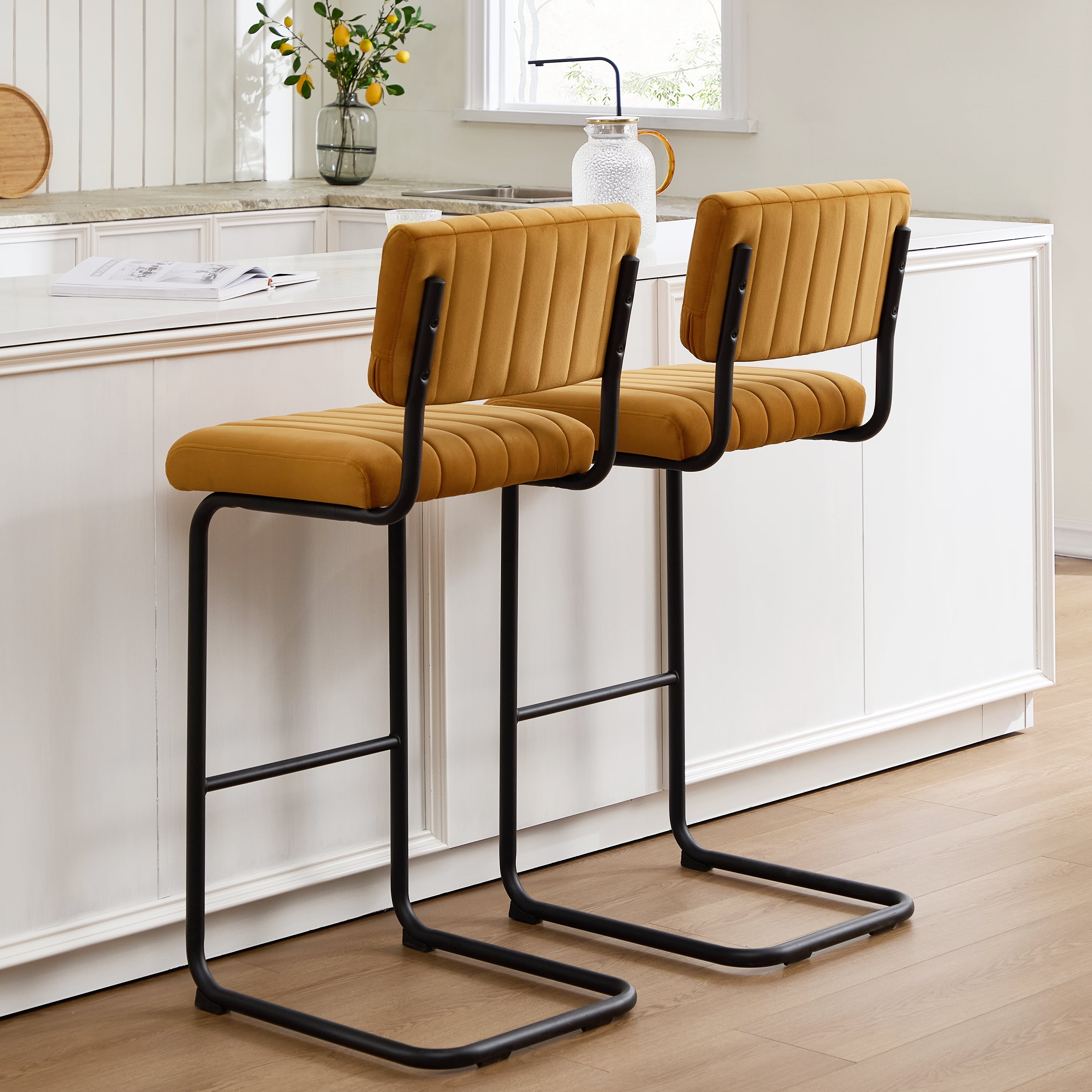 ONEVOG 30''H Bar Height Stools Set of 2, Morden Bar stools with Velvet and Black Metal Legs, Upholstered Bar Stool for Kitchen Island, Cognac