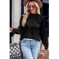 thumbnail image 4 of Women's Black Frilled Mock Neck Ripple Bubble Sleeve Blouse, 4 of 5