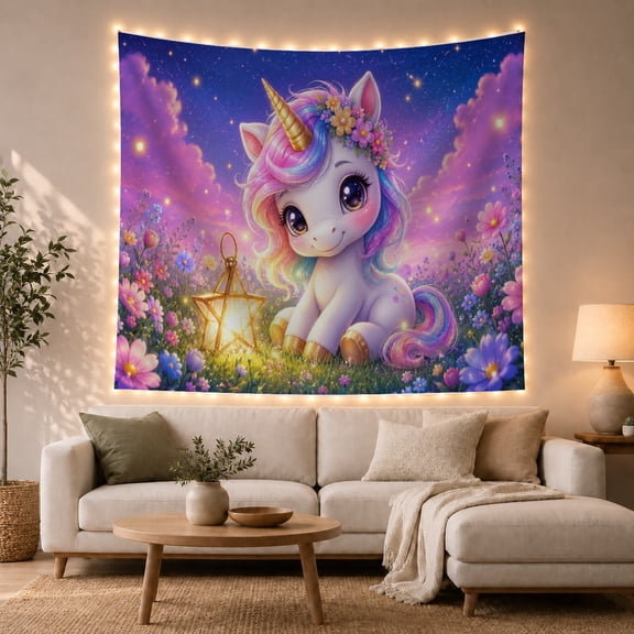 Baby Unicorn Kneeling in a Meadow of Wildflowers, Dreamy Fantasy for Unicorn Lovers, Whimsical Nursery Decor, Birthday Gift Tapestry Wall Hanging for Bedroom and Dorm