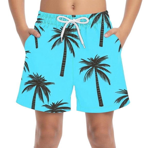 Boys Quick Dry Tropical Palm Tree Print Shorts with Elastic Waistband Drawstring Side Pockets Blue,Size 14-15T