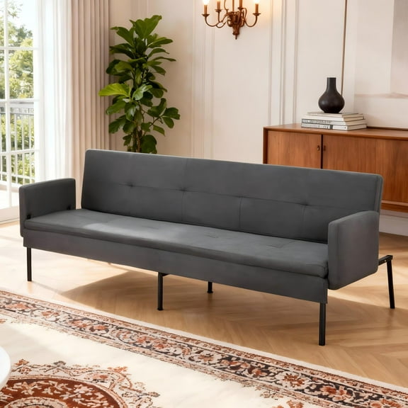 BSHTI 74.8” Futon Sofa Bed, Convertible Twin-Size Sleeper Sofa, Polyester Fabric Upholstered, 5 Positions Adjustable Backrest,Dark Gray