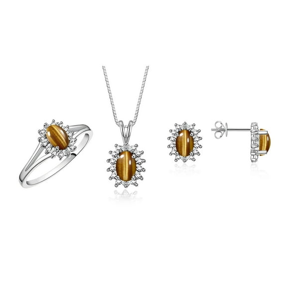 RYLOS Women's 14K White Gold Birthstone Set: Ring, Earring & Pendant Necklace. Gemstone & Diamonds, 6X4MM Amethyst February Birthstone. Exquisite Matching Gold Jewelry Size 9