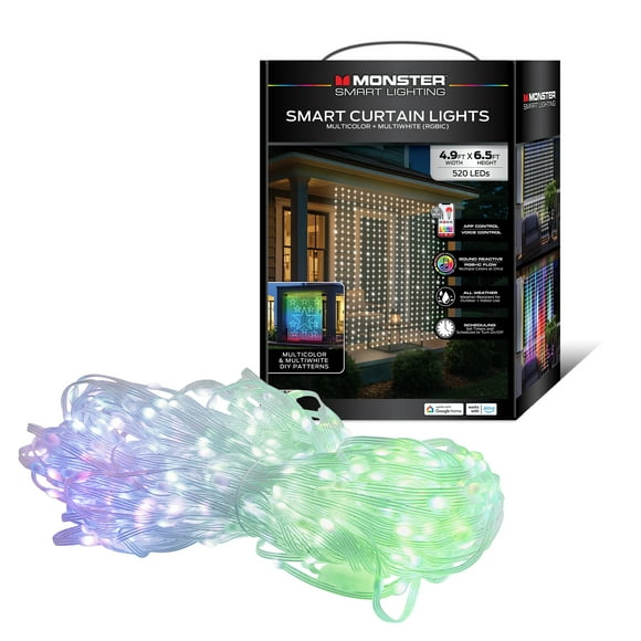 Monster Smart Curtain Lights RGBIC + Multiwhite, 520 LEDs, 4.9ft x 6.5ft, App & Voice Controlled, Sound Reactive, Indoor/Outdoor