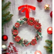 Ceramic Poinsettia Wreath 9" with Pinecones Red Ribbon Christmas Gift