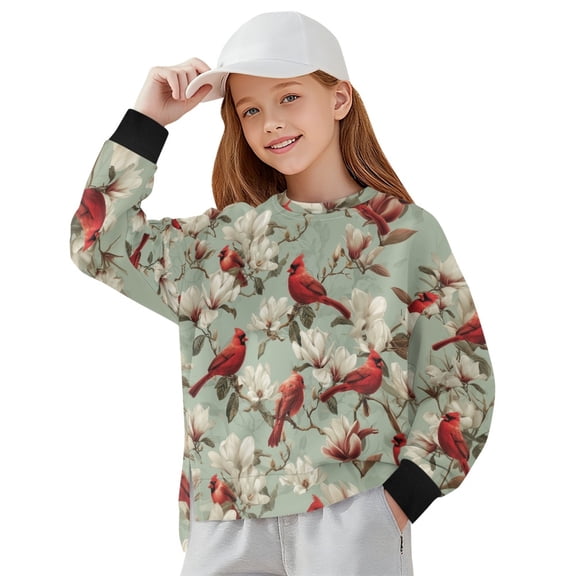 Xoenoiee Cardinal White Magnolia Blossoms Print Oversized Sweatshirts for Girls Crew Neck Long Sleeve Shirts Casual Loose Slit Pullover Top Fall Outfits, 7-8 Years