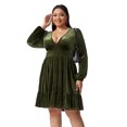 thumbnail image 1 of Laklulu Mini vestido patinador con vuelo y escote en V de terciopelo de manga larga con corte en A para fiesta de cóctel, verde militar, 3X, 1 of 5