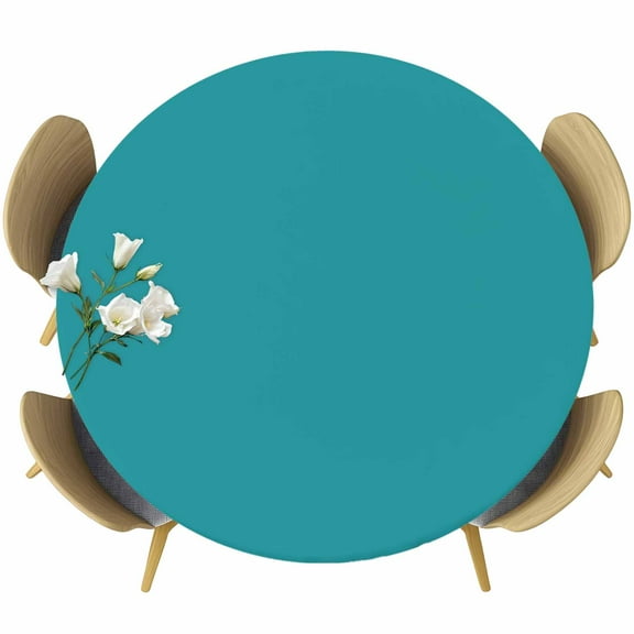 Teal Round Fitted Table Cover Solid Color Waterproof Table Cloth with Elastic Edge Wipeable Tablecloth for Picnic Camping Party Fits 55"-60" Diameter