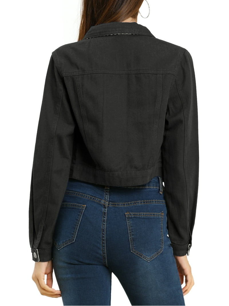 MODA NOVA Juniors Button Down Long Sleeves Cropped Denim Jacket