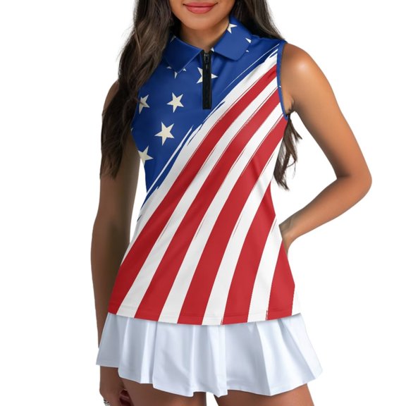 Chririnla American Flag Patriot Golf Shirt for Women Collared Sleeveless Golf Wear Moisture Wicking Quick Dry Tennis T-Shirt 1/4 Zip Activewear