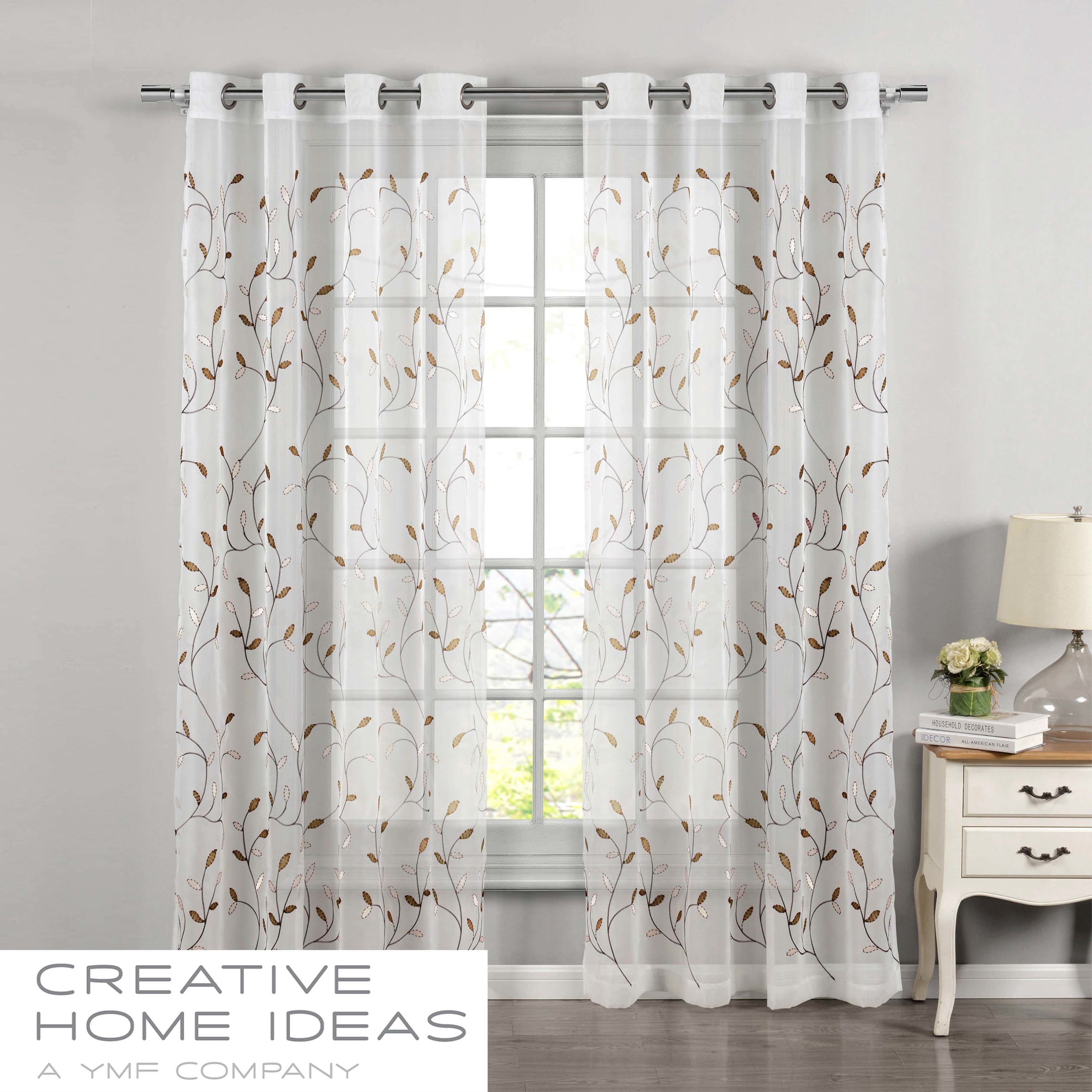 Grommet Curtain Panel, Embroidered Sheer Extra-Wide, Beige 54" x 96"