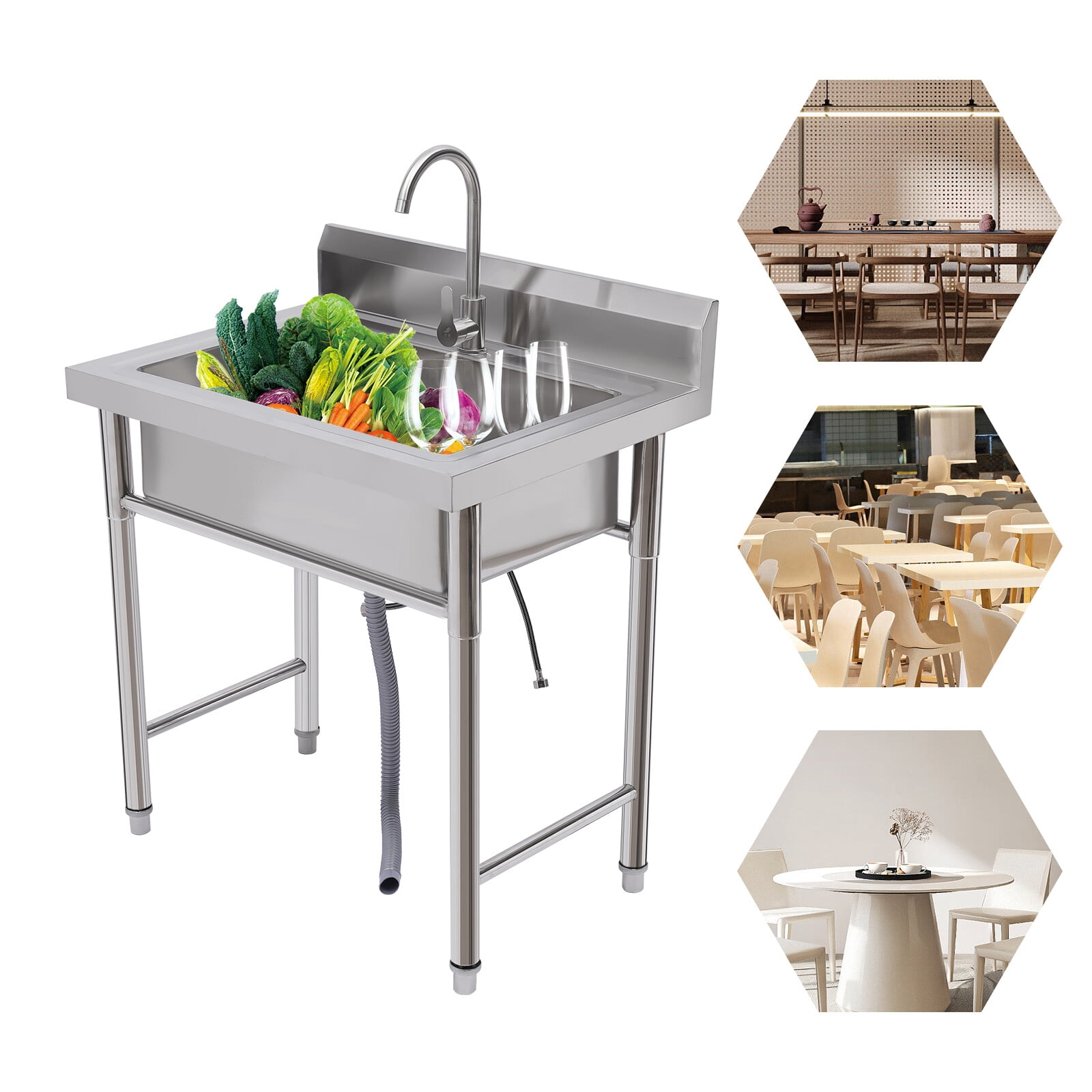 Modern Free-standing Silver Commercial Utility Prep Sink Stainless Steel 1 Compartment w/Basins Backsplash