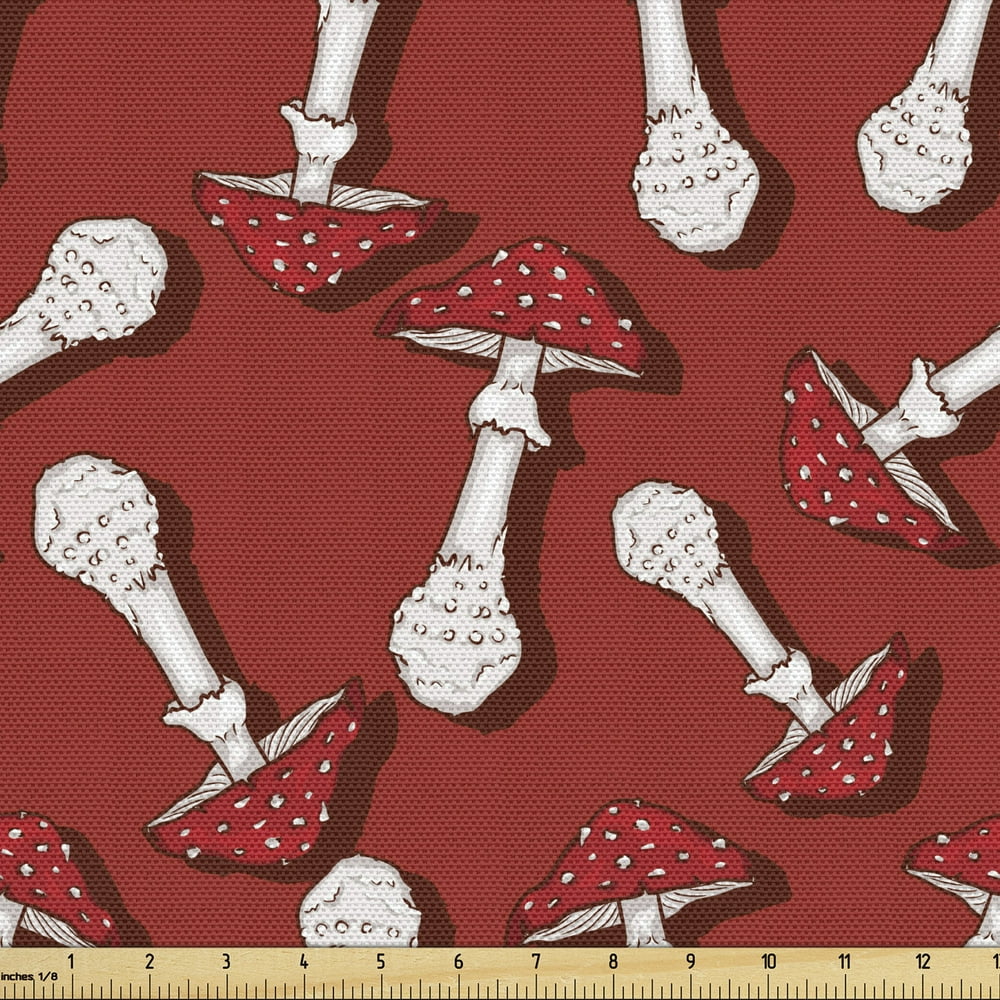 Mushroom Fabric by the Yard, Autumn Pattern with Amanita Muscaria