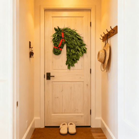 Horse Head Wreath for Christmas – Handwoven Equestrian Style Front Door Wreath, Rustic Farmhouse Decor with Velvet Ribbon, Perfect Holiday Gift for Horse Lovers