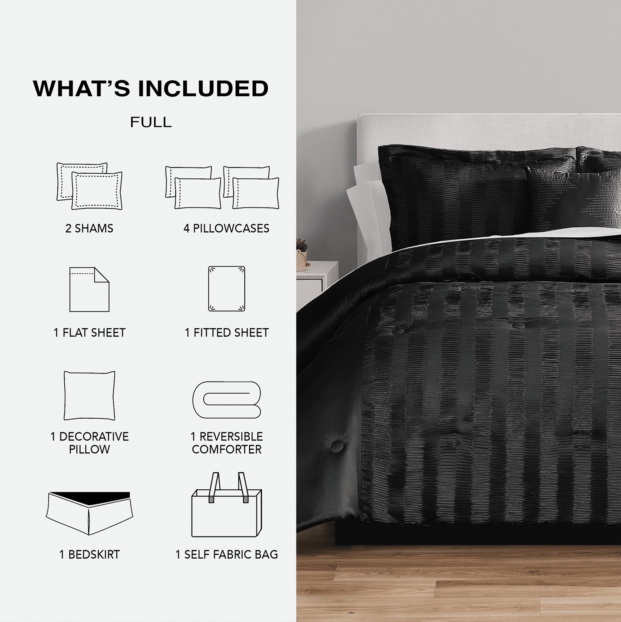 Mainstays 11-Piece Bed in a Bag Comforter Set with Sheets, Black Satin, Full, Unisex