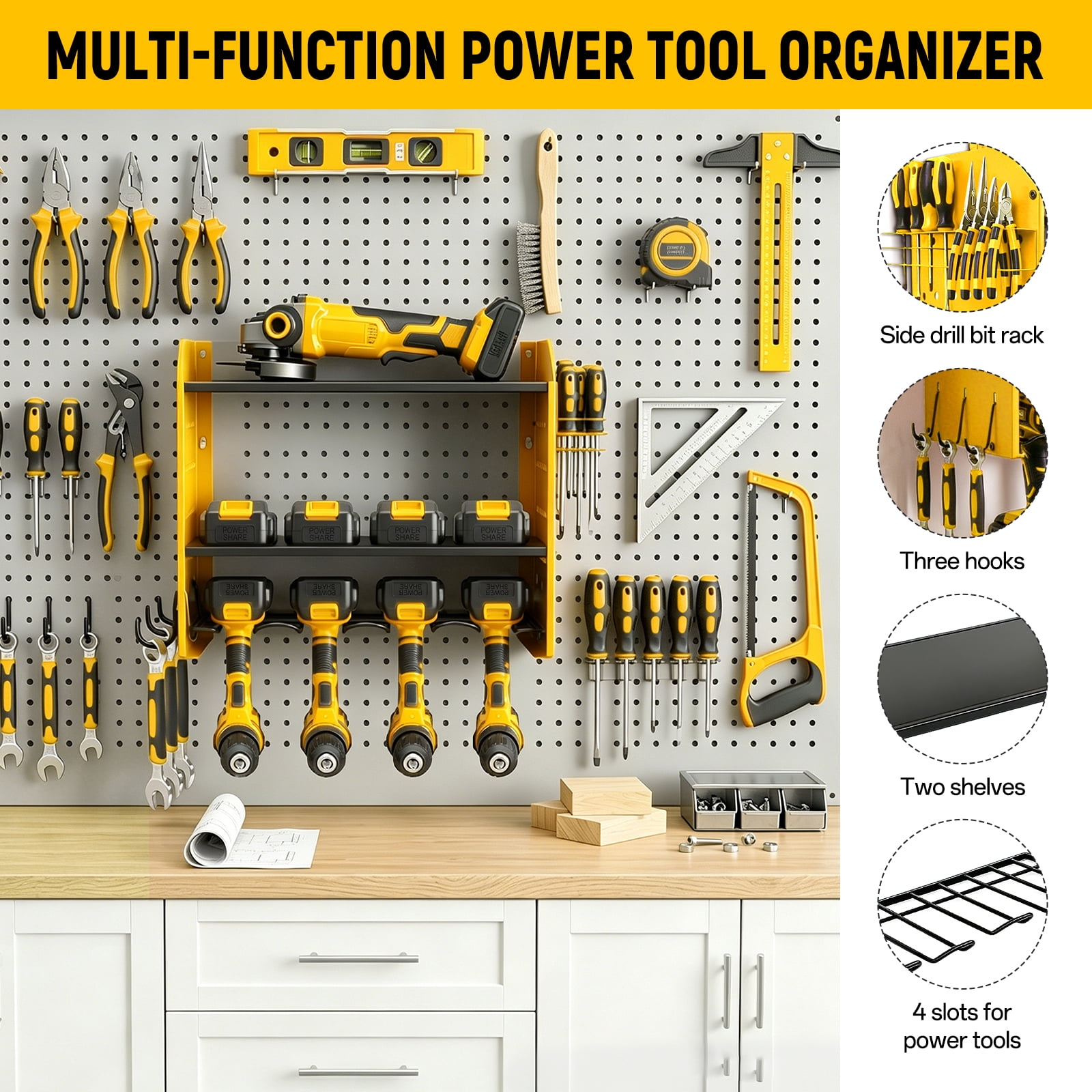 Power Tool Organizer Wall Mount, 4-Layer Drill Storage Shelf with Hooks,Screwdriver,Drill Bit Heavy Duty Rack Yellow